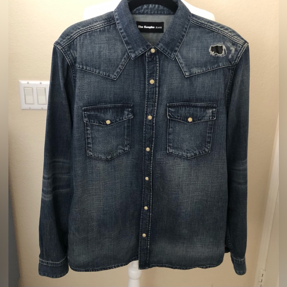 The Kooples Dark Blue Distressed Pearl Snap Denim Shirt